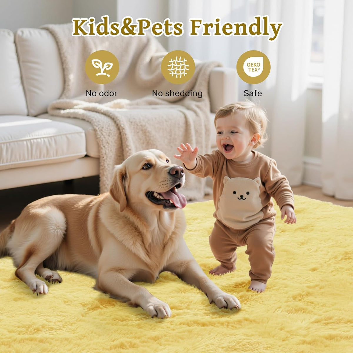 Yellow Rug for Bedroom Shag Area Rugs 4x6 Fluffy Living Room Plush Carpet Non Slip for Nursery Kids PlayRoom Light Color