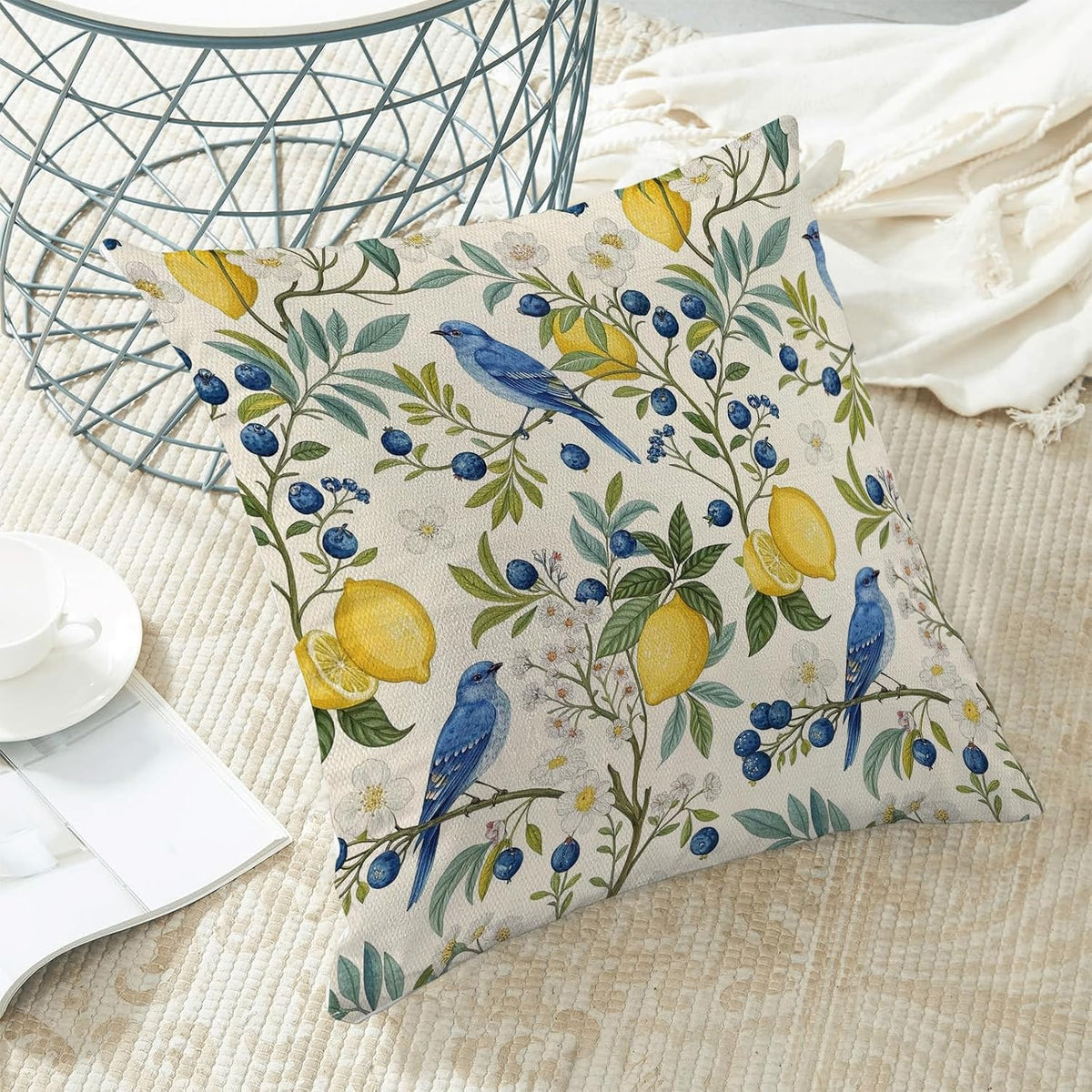 Blue Green Chinoiserie Pillow Covers 18x18 Set of 2 Chinoiserie Blue Bird Yellow Lemon Throw Pillows Outdoor Decorative Vintage Bird Floral Pillowcase Linen Cushion Cases for Bed Sofa Couch