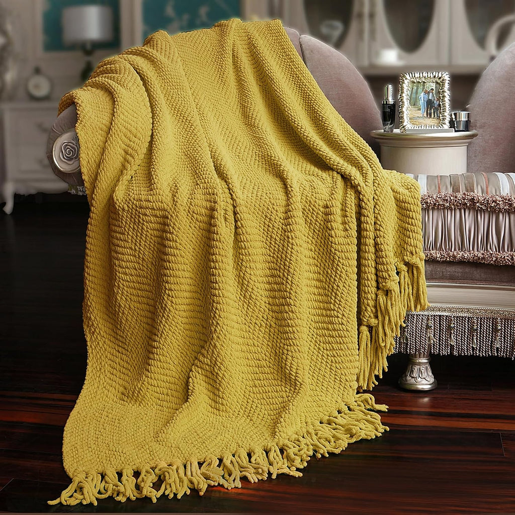 Yellow Throw Blanket Knitted Tweed Throw 60'' x 80'', Lemon Curry, Super Soft Cozy Warm Comfortable Breathable Throw for Living Room Chair Couch Bed Sofa Bedroom Home Décor