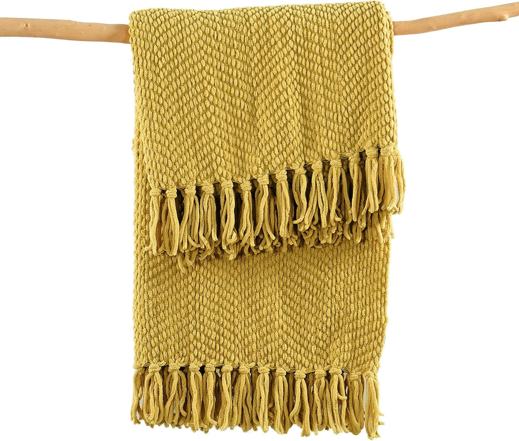 Yellow Throw Blanket Knitted Tweed Throw 60'' x 80'', Lemon Curry, Super Soft Cozy Warm Comfortable Breathable Throw for Living Room Chair Couch Bed Sofa Bedroom Home Décor