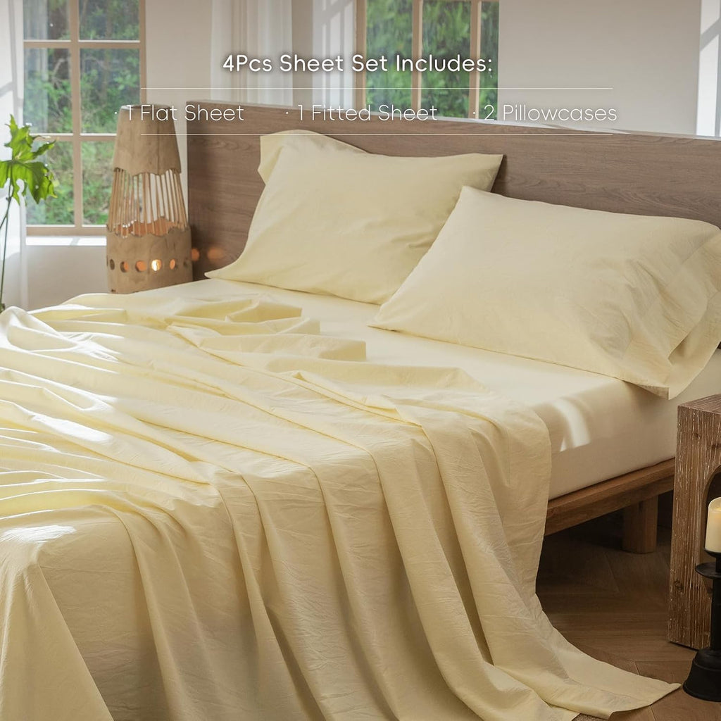 Sheet Set 100% Washed Cotton Linen-Like Extra Deep Pocket King
