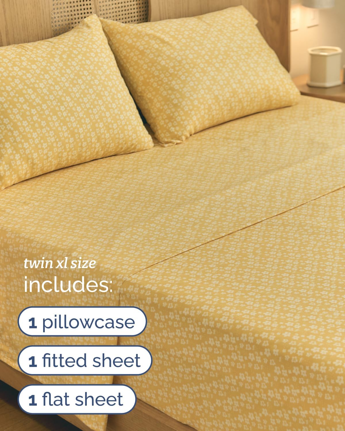 Twin XL 3 Piece Floral Sheet Set - Breathable & Cooling - Yellow Meadow