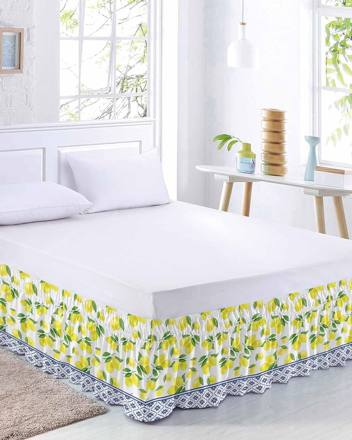 Yellow Lemons Bed Skirt Queen Size 16 Inch Drop, Adjustable Elastic Wrap Around Bed Skirts Easy Fitting Dust Ruffle Bedskirt Bed Frame Cover Watercolor Summer Botanical Elegant Pastoral