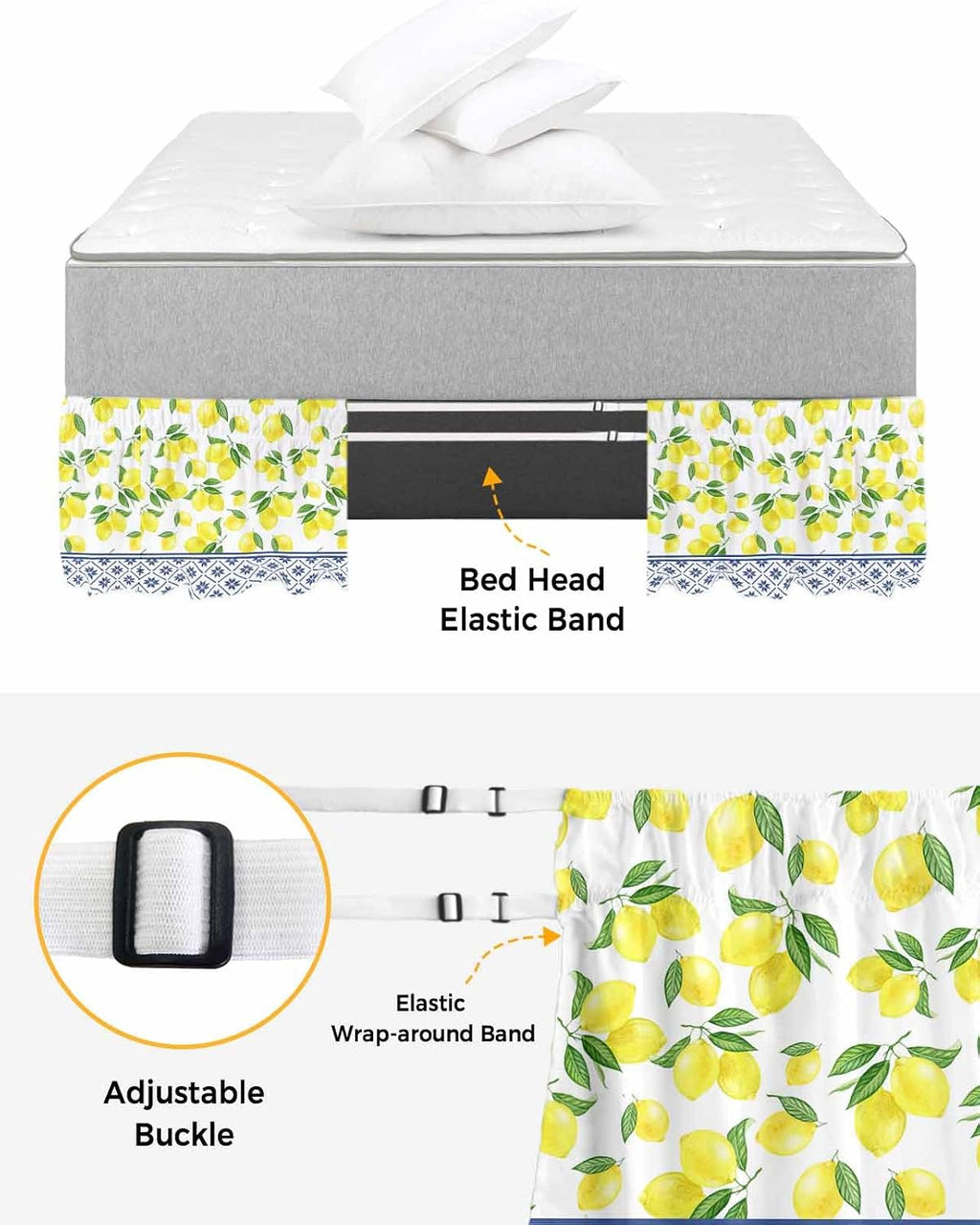 Yellow Lemons Bed Skirt Queen Size 16 Inch Drop, Adjustable Elastic Wrap Around Bed Skirts Easy Fitting Dust Ruffle Bedskirt Bed Frame Cover Watercolor Summer Botanical Elegant Pastoral