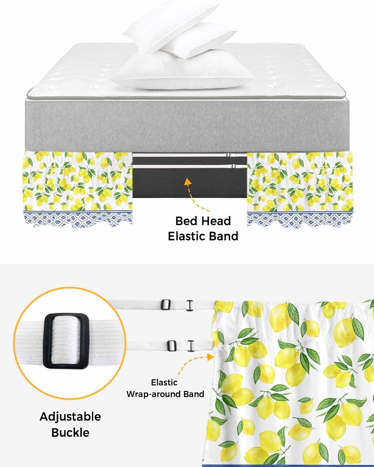 Yellow Lemons Bed Skirt Queen Size 16 Inch Drop, Adjustable Elastic Wrap Around Bed Skirts Easy Fitting Dust Ruffle Bedskirt Bed Frame Cover Watercolor Summer Botanical Elegant Pastoral