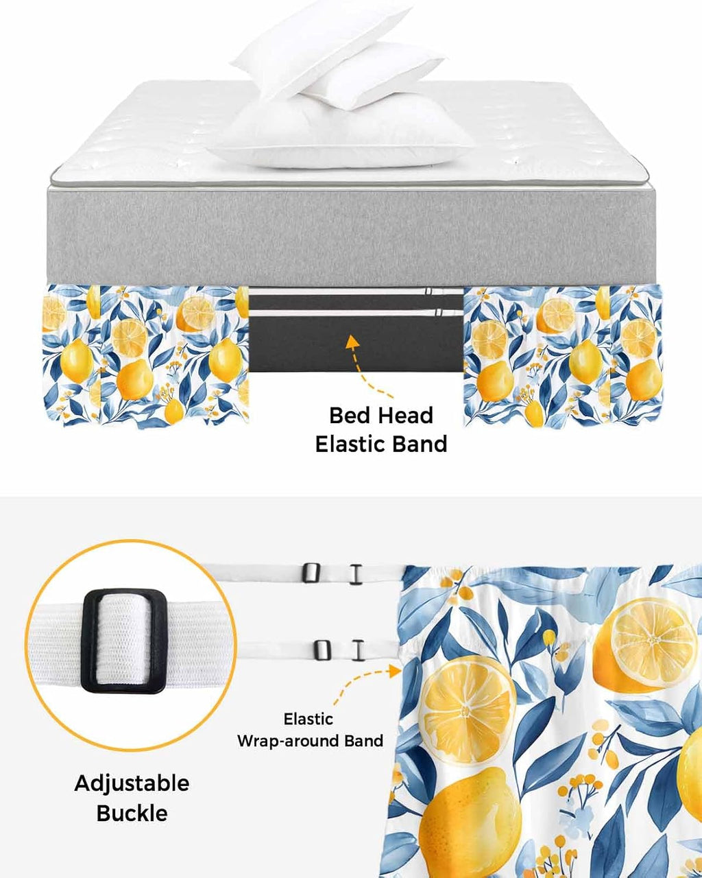 Summer Lemon Bed Skirt Queen Size 16 Inch Drop, Adjustable Elastic Wrap Around Bed Skirts Easy Fitting Dust Ruffle Bedskirt Bed Frame Cover Spring Pastoral Watercolor Fruit Blue Yellow
