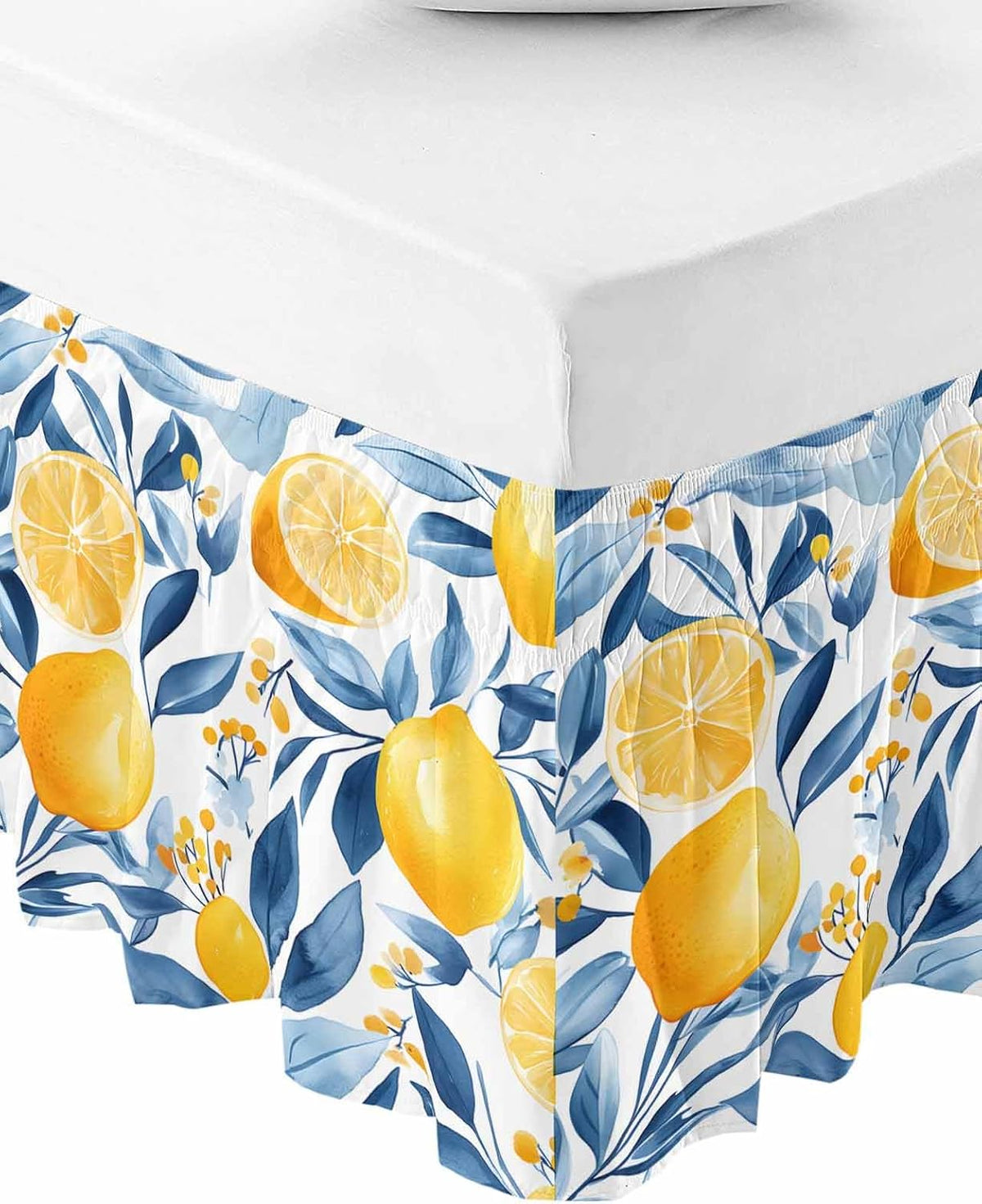Summer Lemon Bed Skirt Queen Size 16 Inch Drop, Adjustable Elastic Wrap Around Bed Skirts Easy Fitting Dust Ruffle Bedskirt Bed Frame Cover Spring Pastoral Watercolor Fruit Blue Yellow