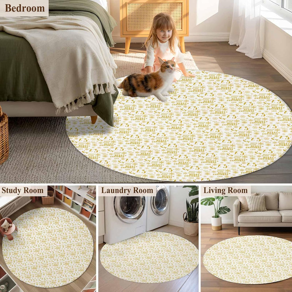 Round Area Rug 3.3ft,Yellow Christmas Winter Snowflakes Washable Circle Carpet Non-Slip Runner Accent Rugs Indoor Floor Mat for Bedroom Living Room Decor,White Background