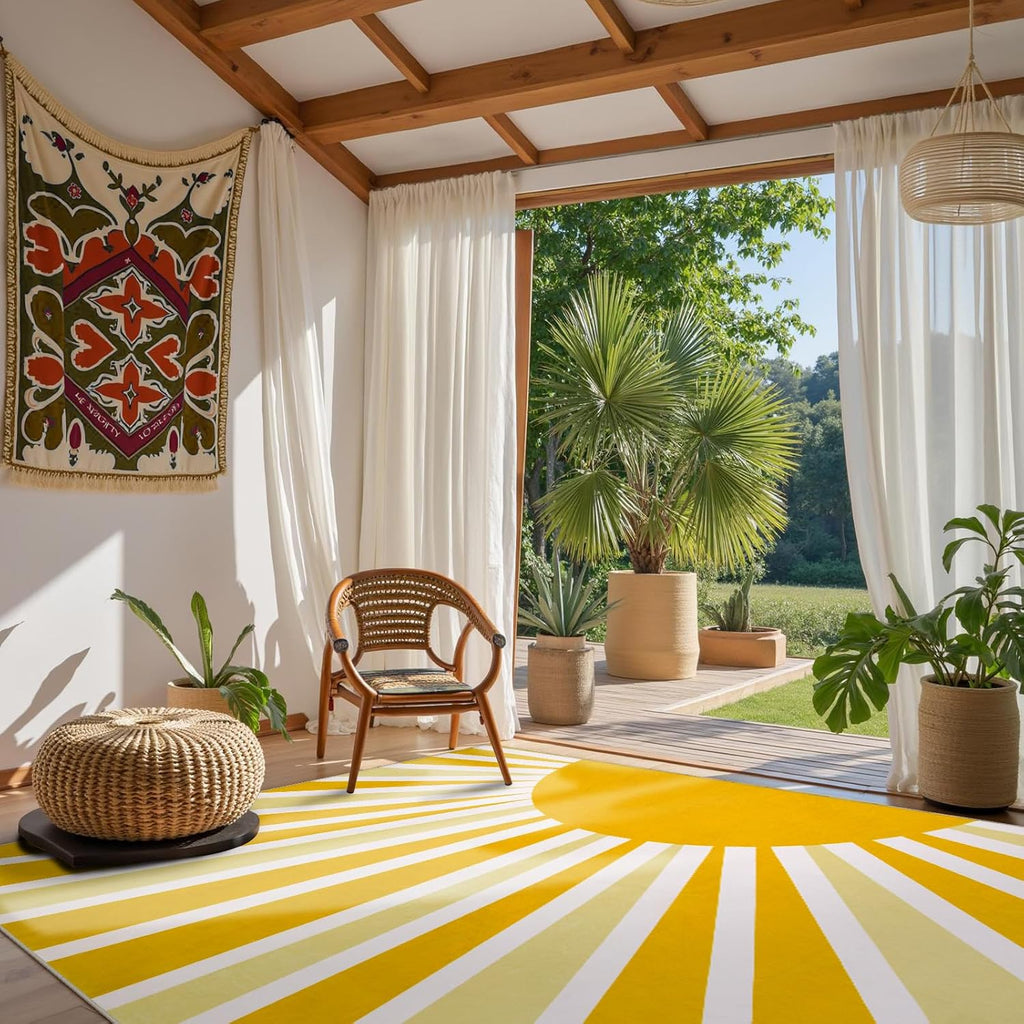 Yellow Rainbow Sun Area Rug 5x7, Classroom Rug