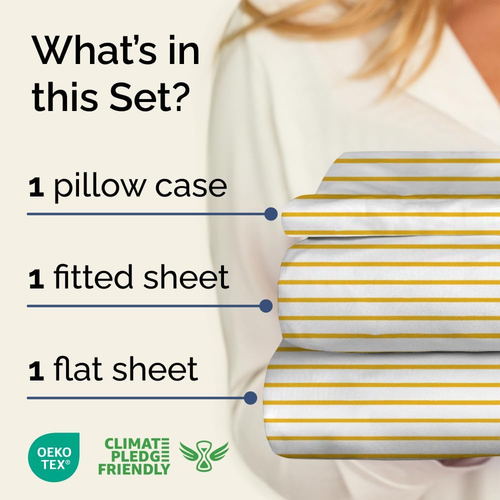 Twin XL 3 Piece Striped Sheet Set - Soft & Cooling - Yellow Pencil Stripes