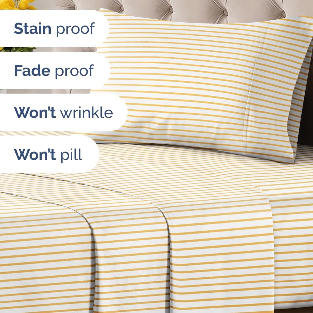 Twin XL 3 Piece Striped Sheet Set - Soft & Cooling - Yellow Pencil Stripes