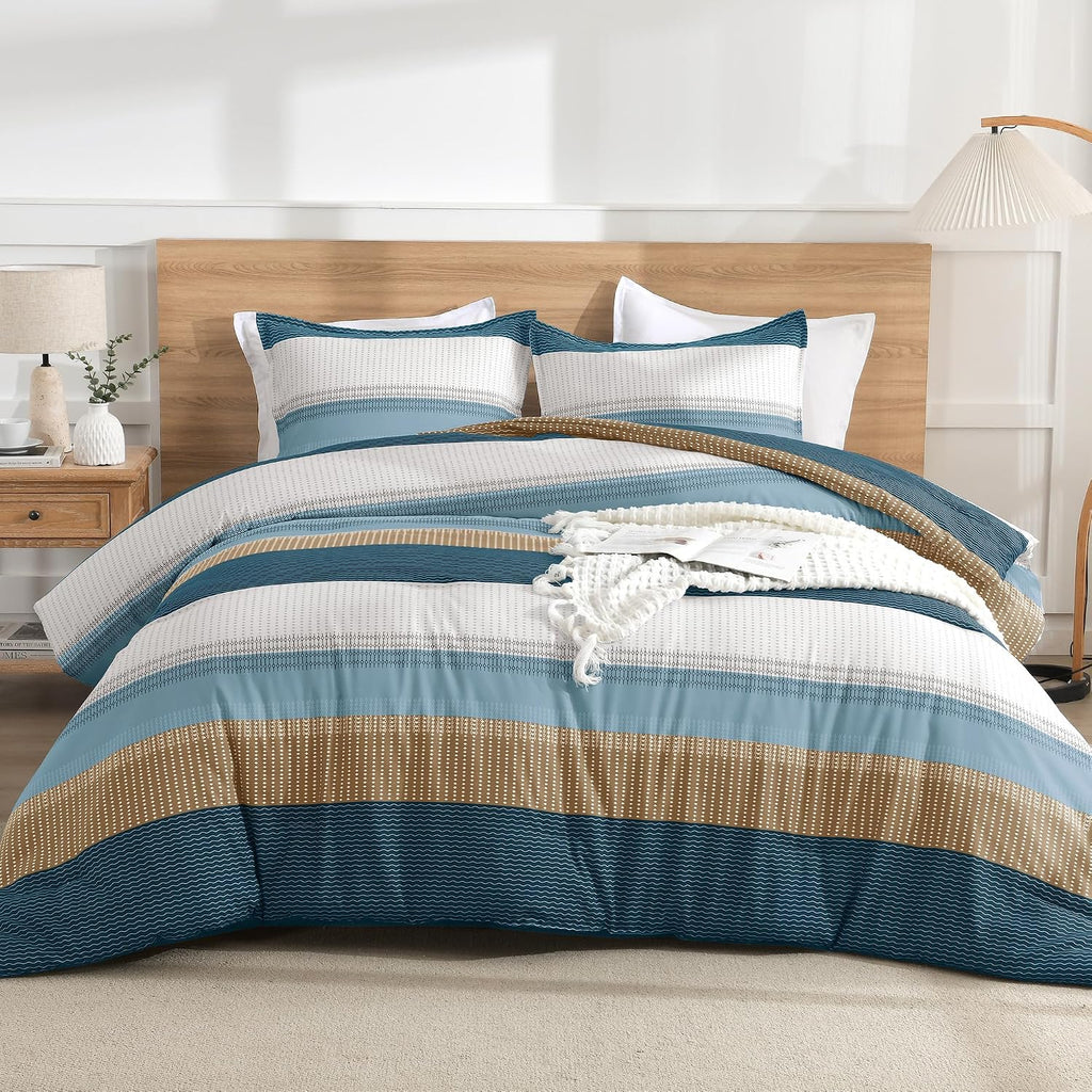 Queen Comforter Set - 3 Pieces Stripe Bedding Comforter Sets