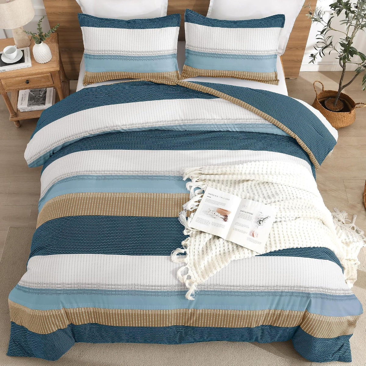 Queen Comforter Set - 3 Pieces Stripe Bedding Comforter Sets