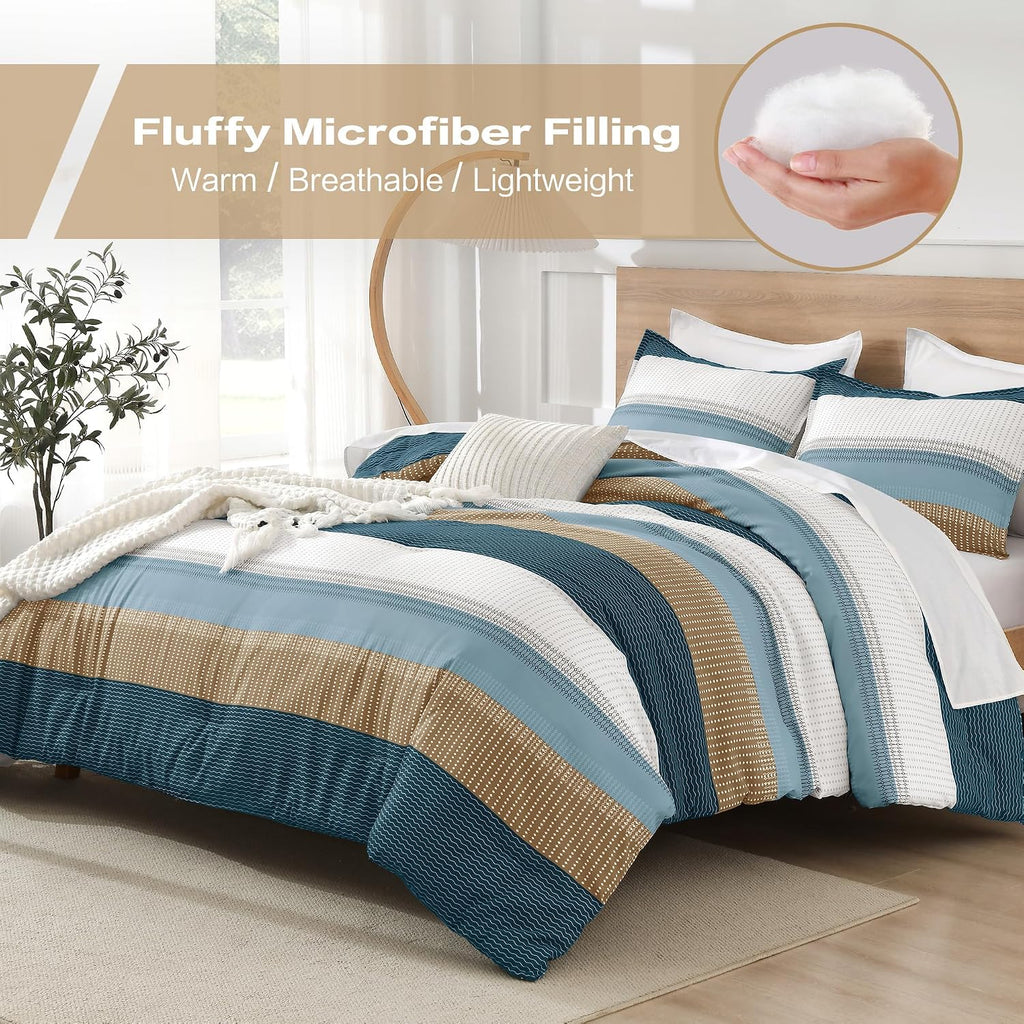 Queen Comforter Set - 3 Pieces Stripe Bedding Comforter Sets