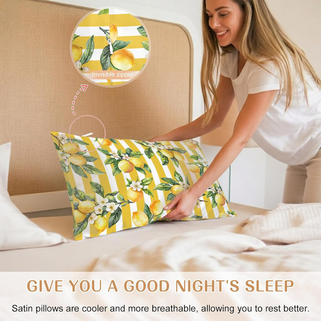 Lemon Leaves Pillow Cases Standard Size Set of 2, Yellow Vertical Stripes Spring Flowers Satin Pillowcase with Zipper for Hair/Skin, Decorative Pillow Covers for Bed/Couch/Sofa, 20x26 Inches