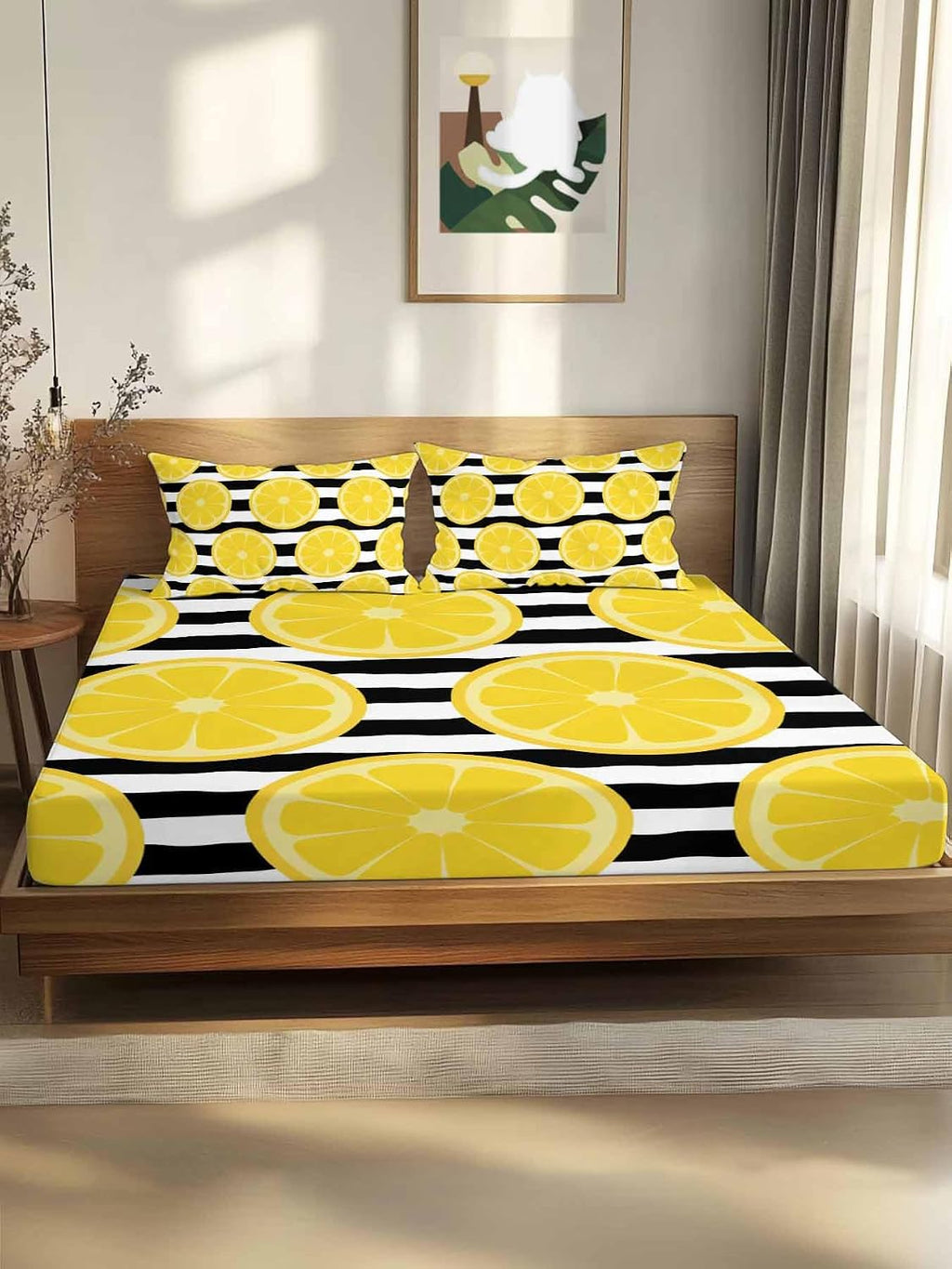 Twin Bed Fitted Sheets Farmhouses Country Yellow Lemon Bed Set with 16" Deep Pocket,Soft Microfiber Bedding Bottom Sheet with Decorative Pillowcases Black White Stripes