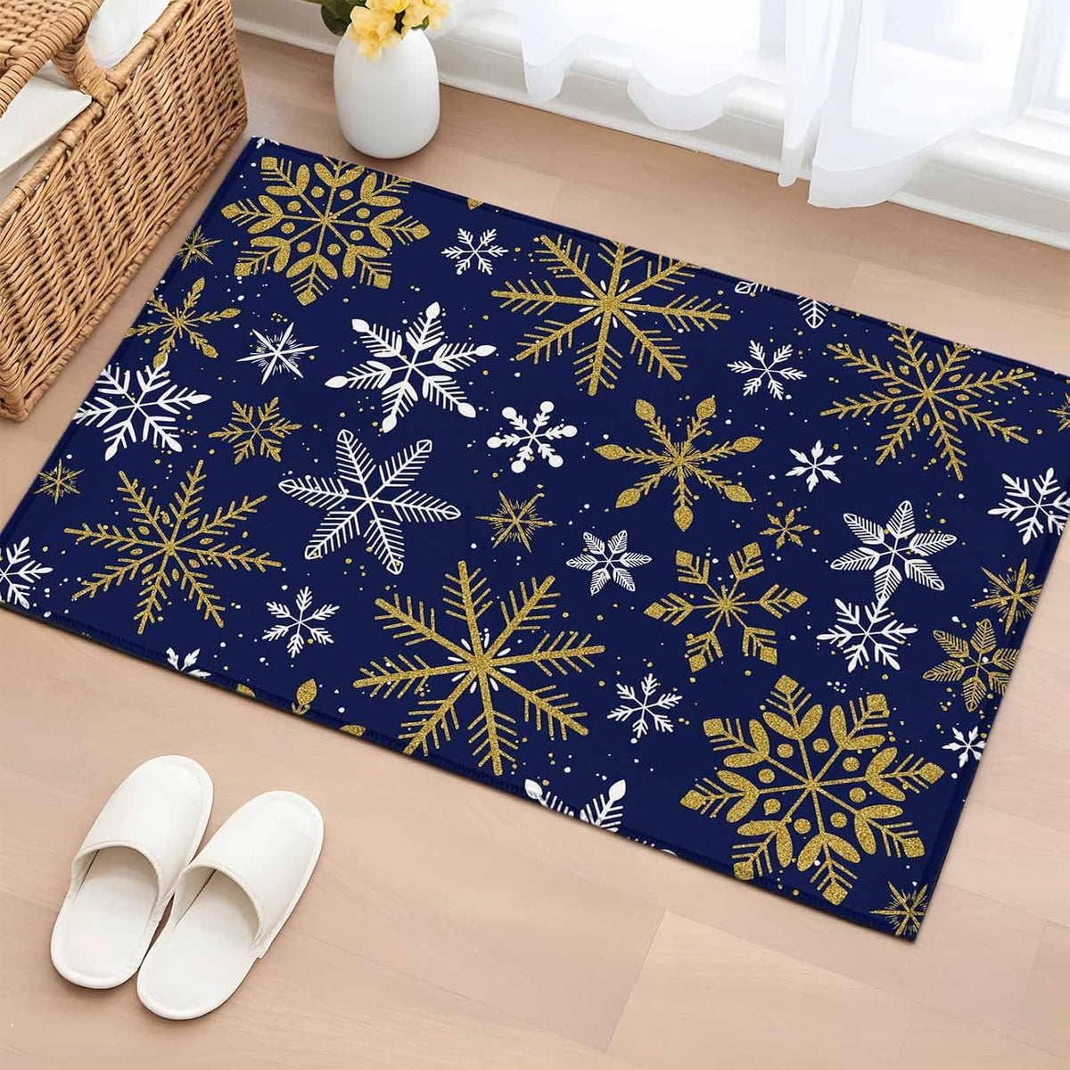 Winter Yellow Snowflake 2x3 Area Rugs for Living Room, Christmas White Snowflake Navy Non Slip Floor Mat Washable Low-Profile Indoor Carpet for Bedroom, Dining Room, Bathroom
