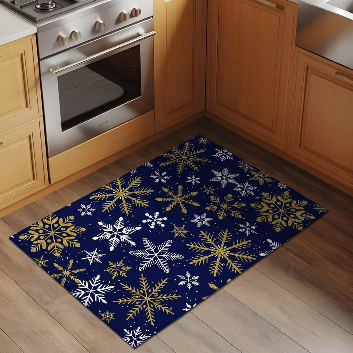 Winter Yellow Snowflake 2x3 Area Rugs for Living Room, Christmas White Snowflake Navy Non Slip Floor Mat Washable Low-Profile Indoor Carpet for Bedroom, Dining Room, Bathroom