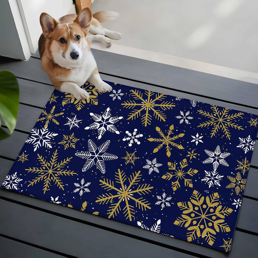 Winter Yellow Snowflake 2x3 Area Rugs for Living Room, Christmas White Snowflake Navy Non Slip Floor Mat Washable Low-Profile Indoor Carpet for Bedroom, Dining Room, Bathroom