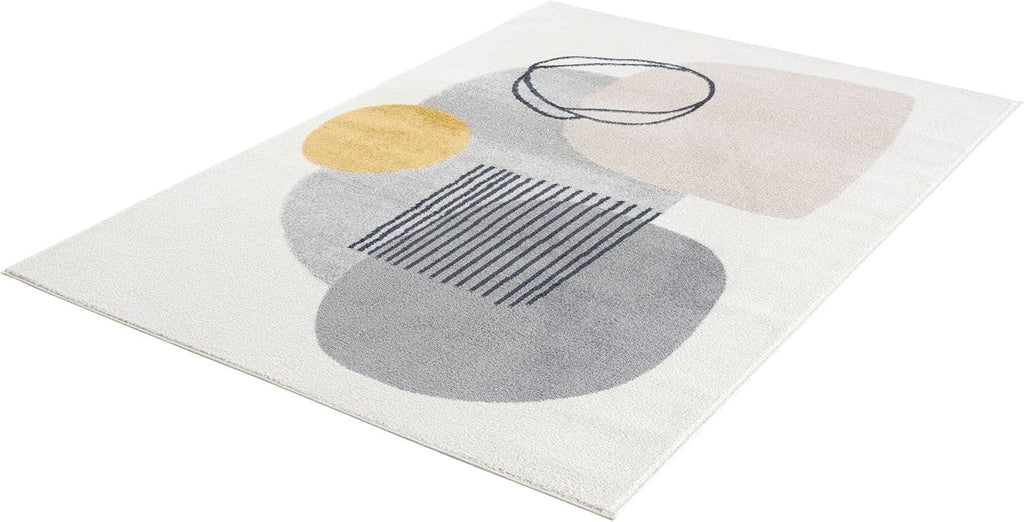 Rugs Cream and Gray 4 ft. X 6 ft. Mid-Century Rug with Circles and Lines. Neutral Tones of Cream, Gray and a pop of Yellow. Minimalistic Design Turkish Stain Resistant Area Rug.