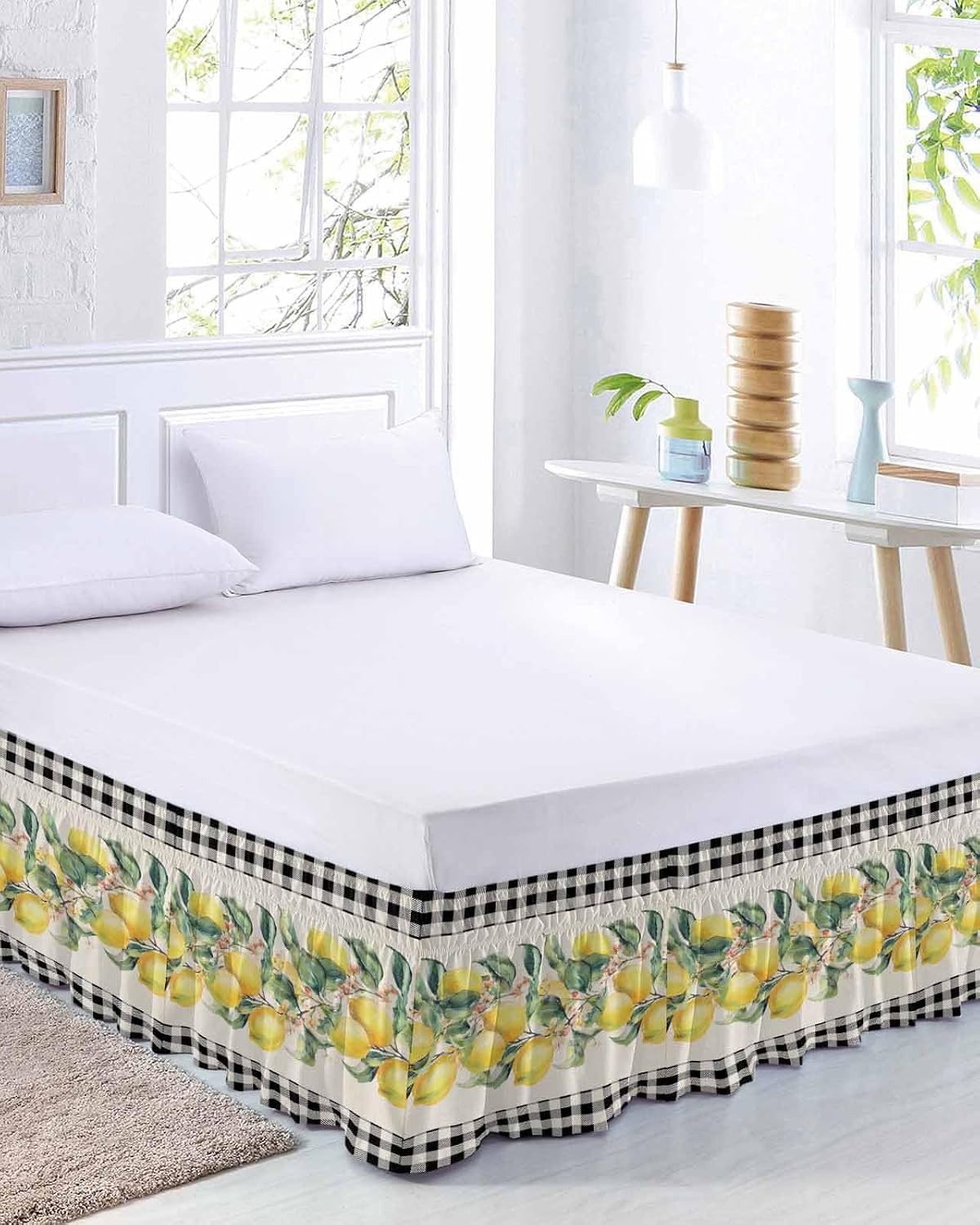 Yellow Lemons Wrap Around Bed Skirt Queen Size, Dust Ruffled 16 Inch Tailored Drop with Adjustable Elastic Belt Pleated, Summer Botanical Black White Plaid Rustic Luxury Bedding Skirts for Bedroom