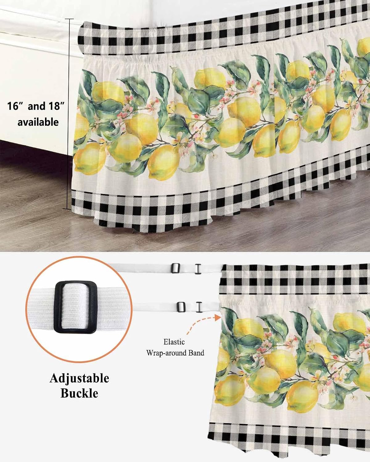 Yellow Lemons Wrap Around Bed Skirt Queen Size, Dust Ruffled 16 Inch Tailored Drop with Adjustable Elastic Belt Pleated, Summer Botanical Black White Plaid Rustic Luxury Bedding Skirts for Bedroom