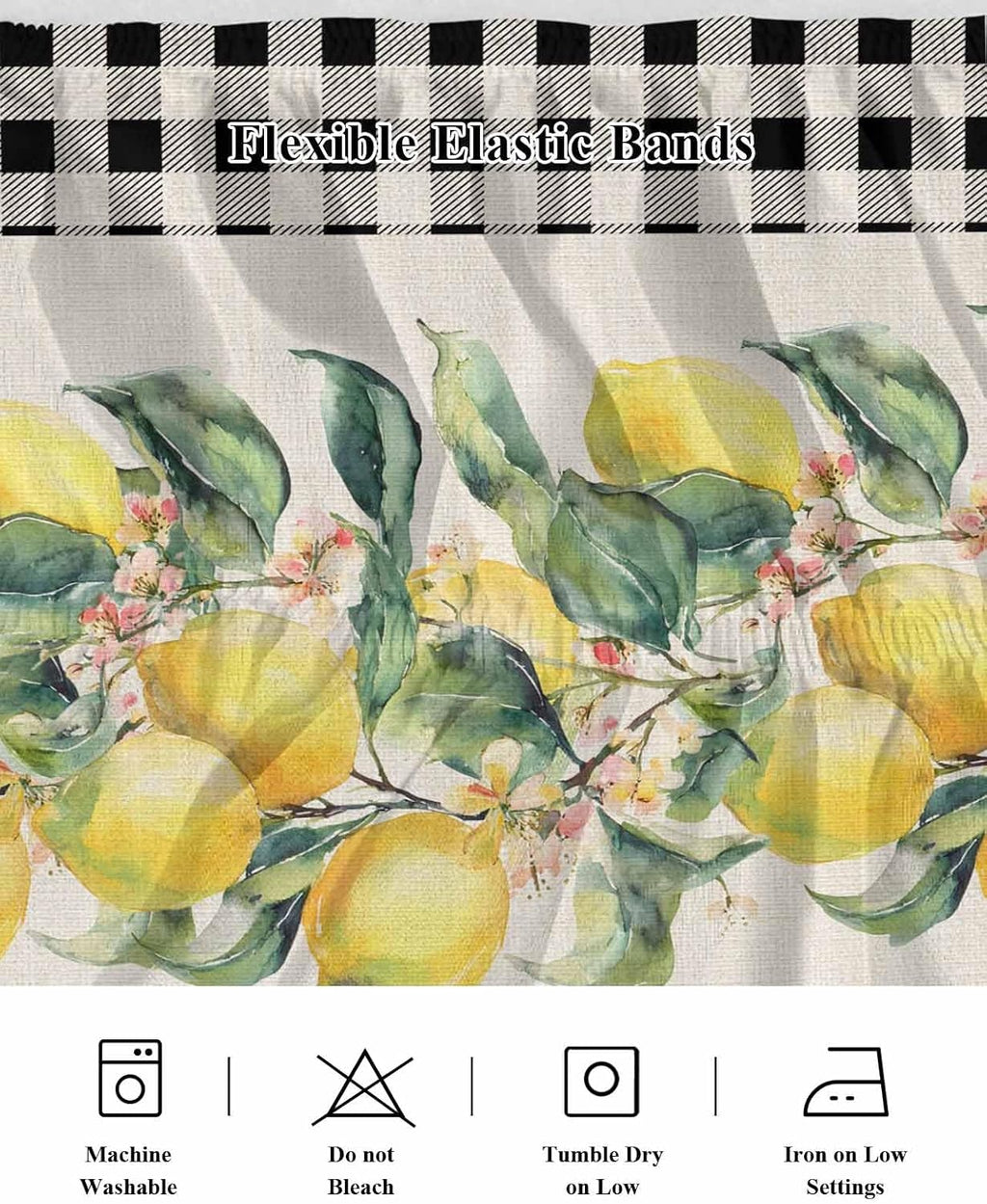 Yellow Lemons Wrap Around Bed Skirt Queen Size, Dust Ruffled 16 Inch Tailored Drop with Adjustable Elastic Belt Pleated, Summer Botanical Black White Plaid Rustic Luxury Bedding Skirts for Bedroom