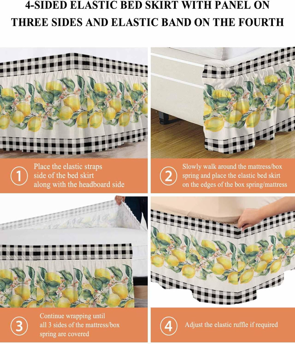 Yellow Lemons Wrap Around Bed Skirt Queen Size, Dust Ruffled 16 Inch Tailored Drop with Adjustable Elastic Belt Pleated, Summer Botanical Black White Plaid Rustic Luxury Bedding Skirts for Bedroom