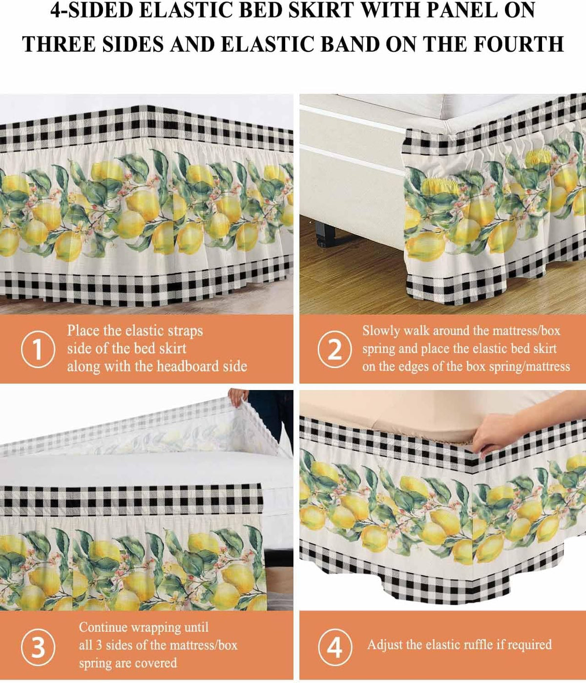 Yellow Lemons Wrap Around Bed Skirt Queen Size, Dust Ruffled 16 Inch Tailored Drop with Adjustable Elastic Belt Pleated, Summer Botanical Black White Plaid Rustic Luxury Bedding Skirts for Bedroom