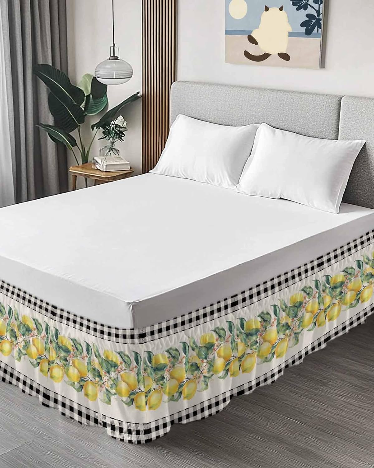 Yellow Lemons Wrap Around Bed Skirt Queen Size, Dust Ruffled 16 Inch Tailored Drop with Adjustable Elastic Belt Pleated, Summer Botanical Black White Plaid Rustic Luxury Bedding Skirts for Bedroom
