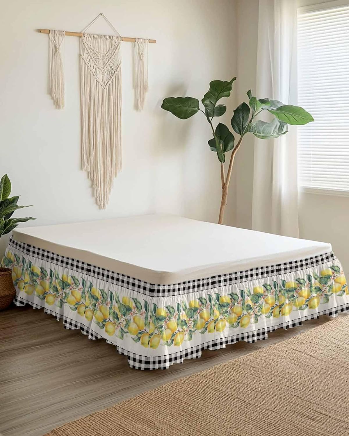 Yellow Lemons Wrap Around Bed Skirt Queen Size, Dust Ruffled 16 Inch Tailored Drop with Adjustable Elastic Belt Pleated, Summer Botanical Black White Plaid Rustic Luxury Bedding Skirts for Bedroom