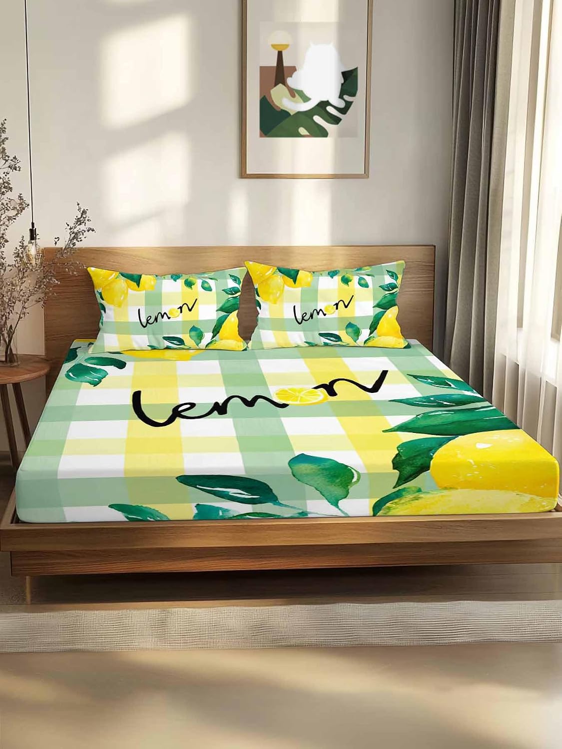 Twin Sze Fitted Sheet Set - Summer Lemon 2 Piece Bedding Sets 16" Deep Pocket Fitted Sheet with 1 Pillowcase, Botanical Fruit Leaves Yellow Green Striped Brushed Microfiber Hotel Luxury Bed Sheets