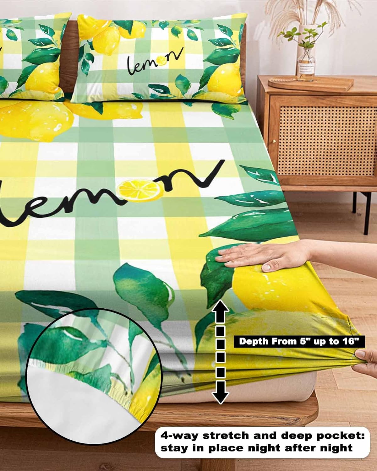 Twin Sze Fitted Sheet Set - Summer Lemon 2 Piece Bedding Sets 16" Deep Pocket Fitted Sheet with 1 Pillowcase, Botanical Fruit Leaves Yellow Green Striped Brushed Microfiber Hotel Luxury Bed Sheets