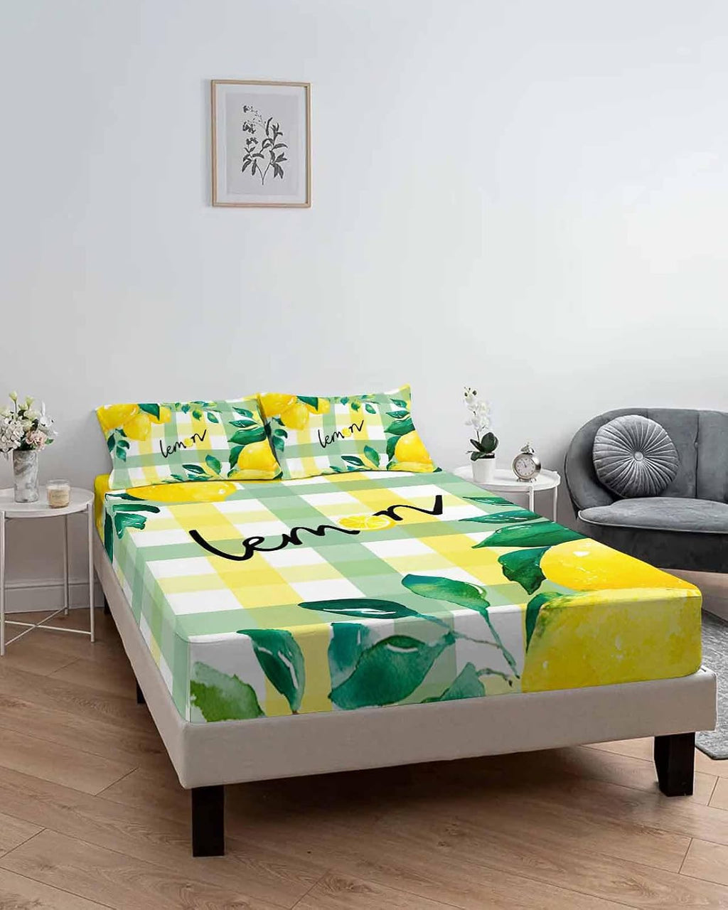 Twin Sze Fitted Sheet Set - Summer Lemon 2 Piece Bedding Sets 16" Deep Pocket Fitted Sheet with 1 Pillowcase, Botanical Fruit Leaves Yellow Green Striped Brushed Microfiber Hotel Luxury Bed Sheets
