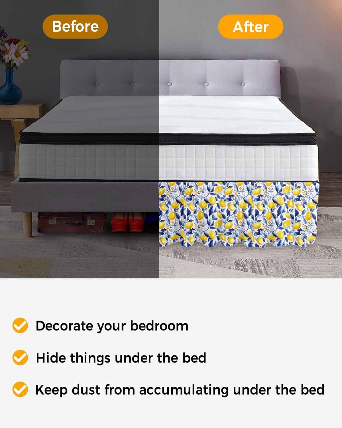 Summer Lemon Bed Skirt Queen Size 16 Inch Drop, Adjustable Elastic Wrap Around Bed Skirts Easy Fitting Dust Ruffle Bedskirt Bed Frame Cover Watercolor Yellow Blue Garden Floral