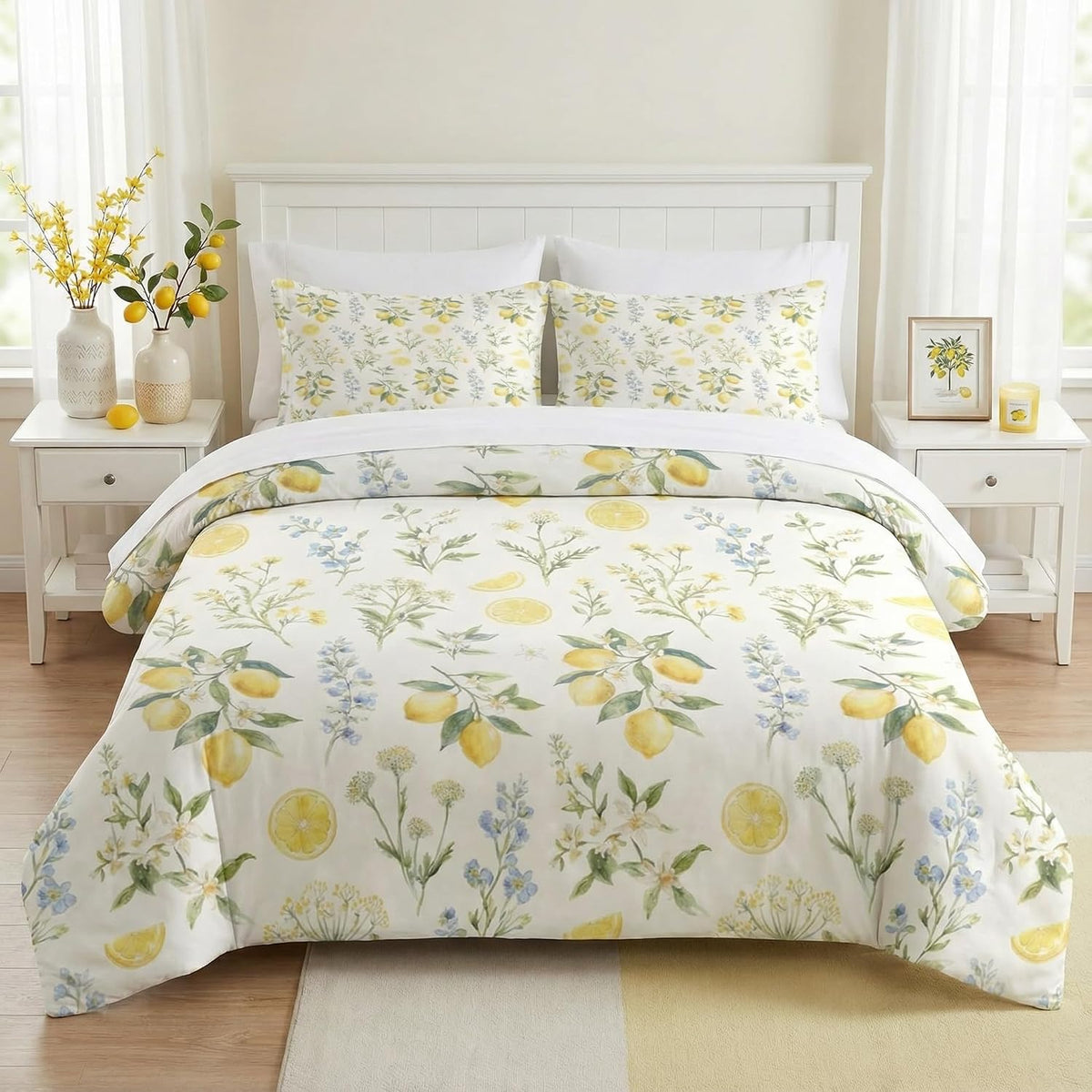 Full Comforter Set with Sheets, 7 Pieces Lemon Watercolor Bedding