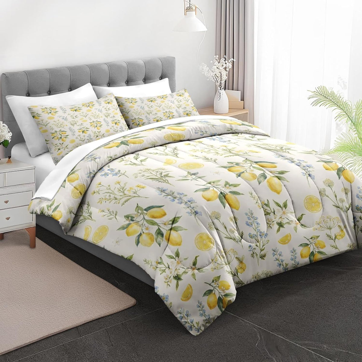 Full Comforter Set with Sheets, 7 Pieces Lemon Watercolor Bedding