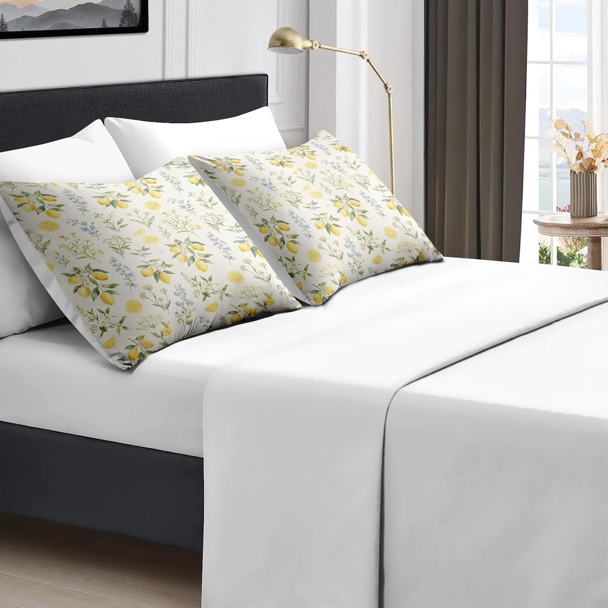 Full Comforter Set with Sheets, 7 Pieces Lemon Watercolor Bedding