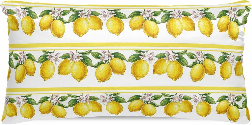 Summer Lemons Satin Pillowcase for Hair and Skin, Yellow Fruit Leaf Striped White Background Silky Pillow Cases Standard Size with Zipper 1 Pack Soft Cooling Pillow Cover for Women Men, 20''x40''