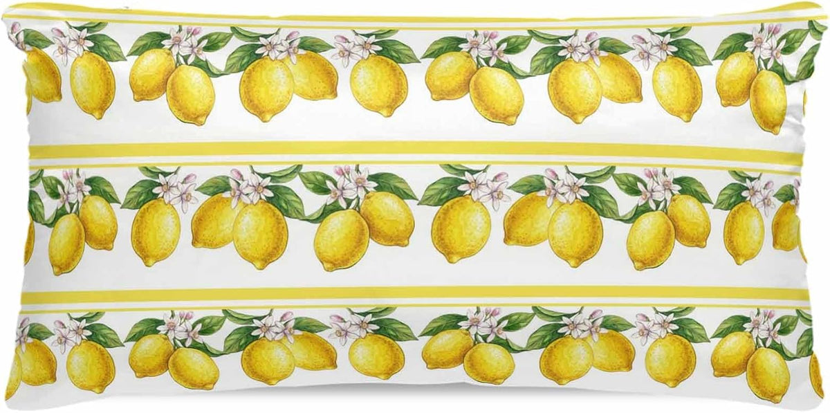 Summer Lemons Satin Pillowcase for Hair and Skin, Yellow Fruit Leaf Striped White Background Silky Pillow Cases Standard Size with Zipper 1 Pack Soft Cooling Pillow Cover for Women Men, 20''x40''