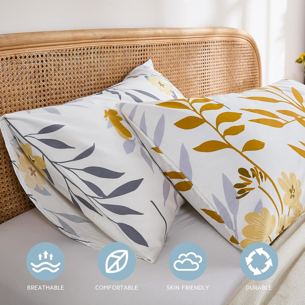 Standard Size Pillowcases Set of 2, 100% Cotton Pillow Cases, Yellow Floral Print, Soft Breathable Envelope Closure Pillow Covers(Standard, 20"x26")
