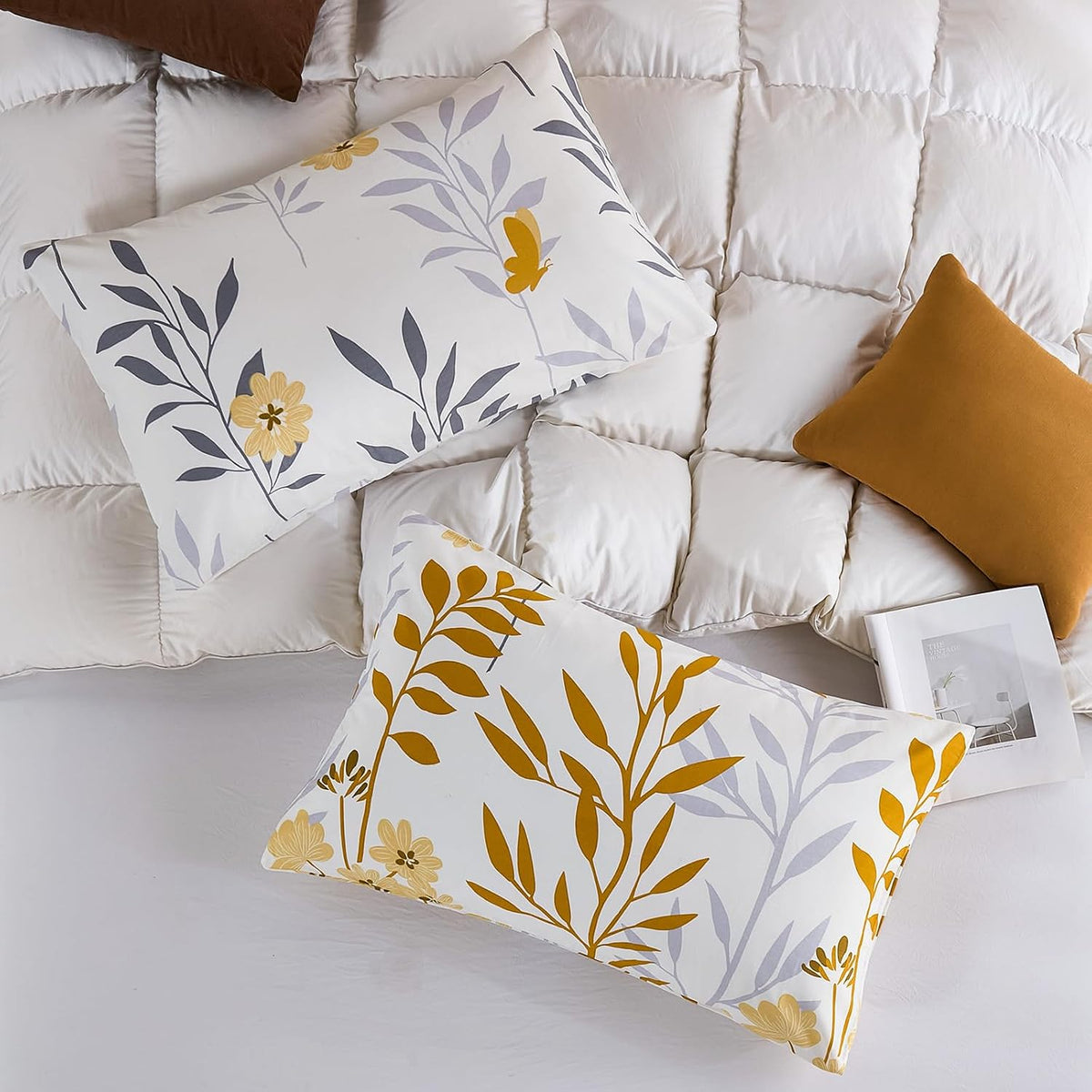 Standard Size Pillowcases Set of 2, 100% Cotton Pillow Cases, Yellow Floral Print, Soft Breathable Envelope Closure Pillow Covers(Standard, 20"x26")