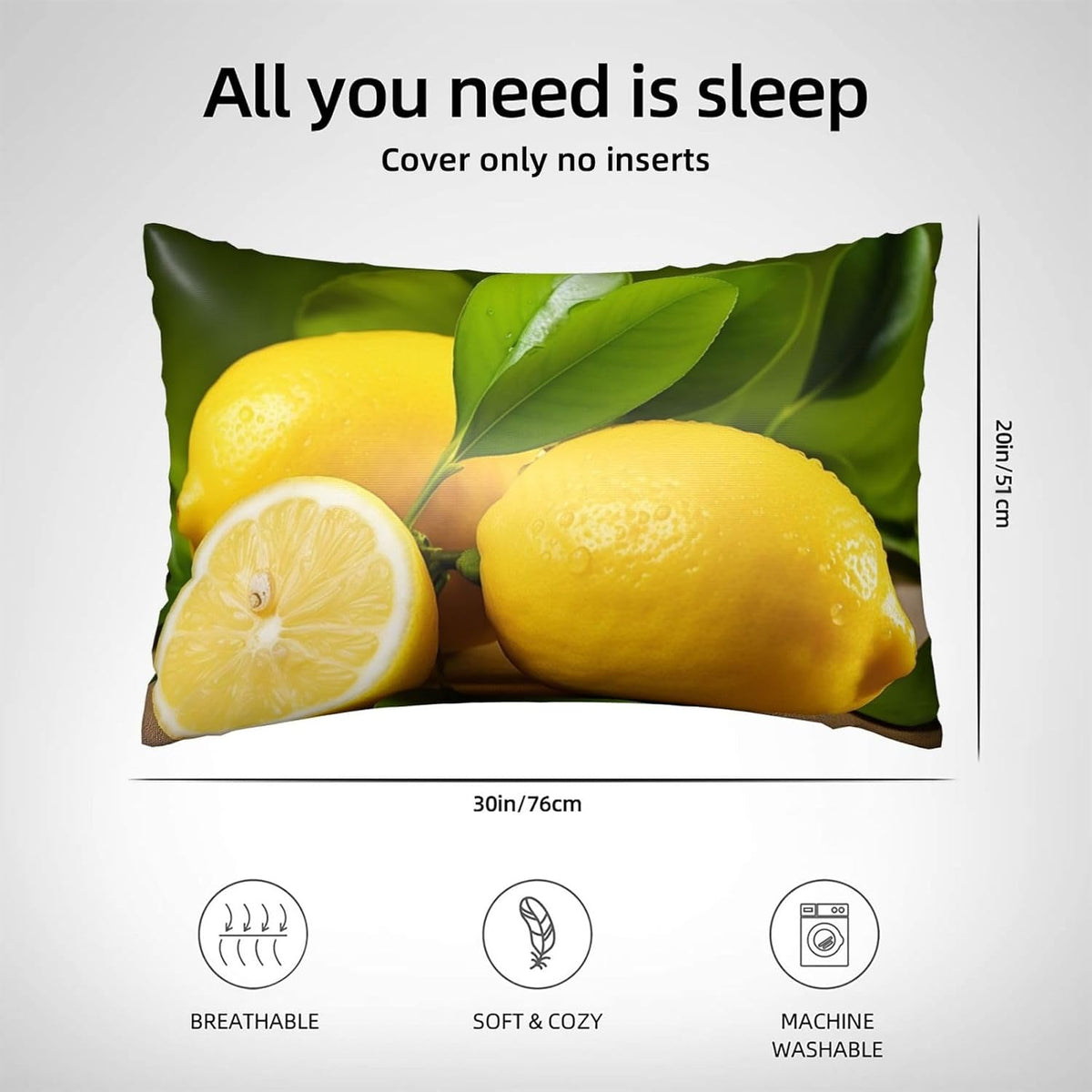 Satin Pillowcase for Hair and Skin, Yellow Lemon Pillow Cover Queen Size 20x30 Inch Soft Smooth Breathable Cooling Silky Pillow Cases with Hidden Zipper, Gifts for Women Men
