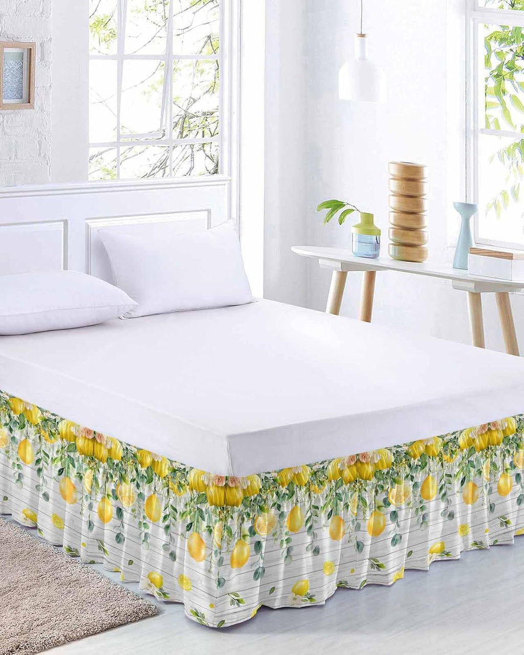 Yellow Lemon Bed Skirt Queen Size 16 Inch Drop, Adjustable Elastic Wrap Around Bed Skirts Easy Fitting Dust Ruffle Bedskirt Bed Frame Cover Green Eucalyptus Wood Grain Farmhouse