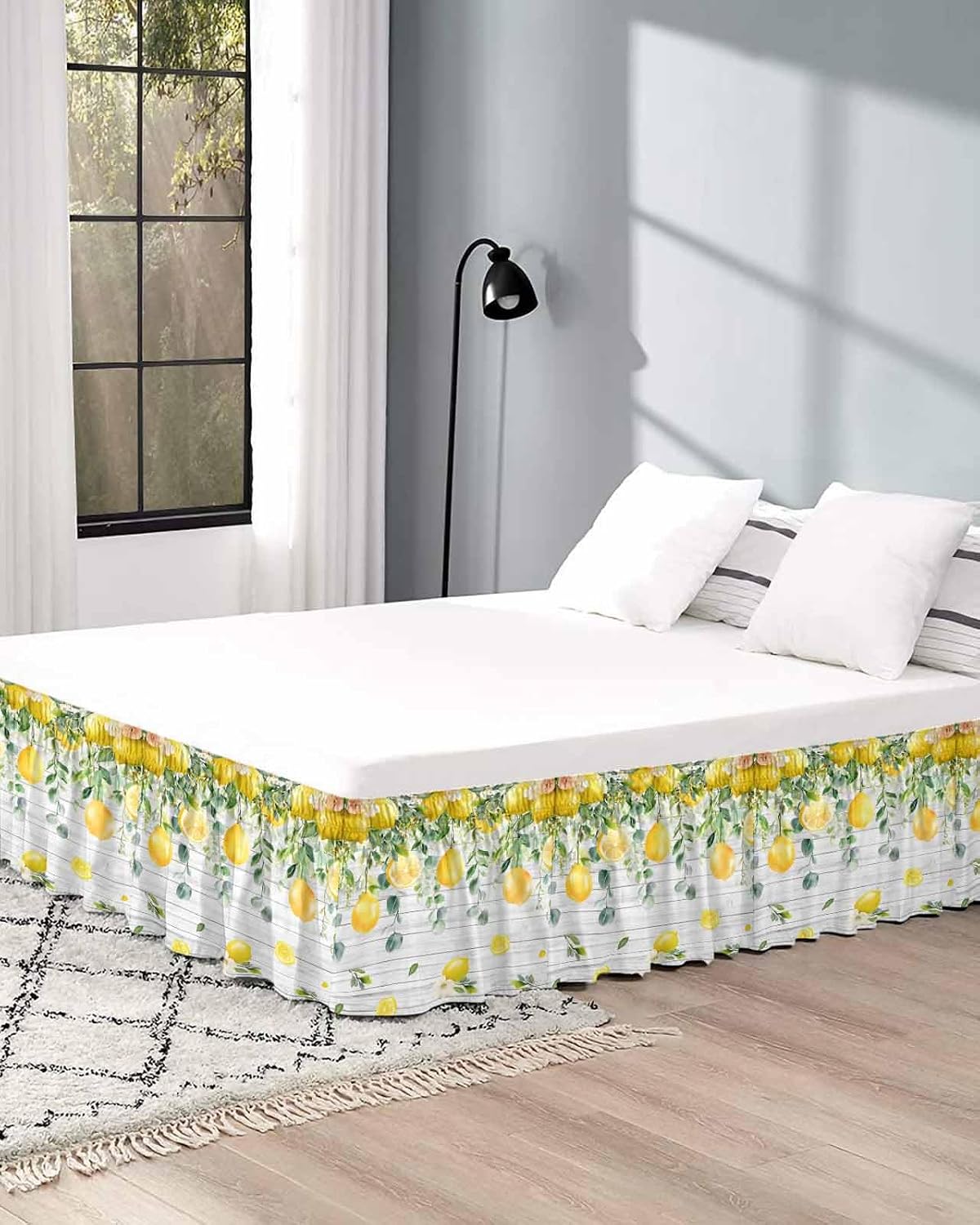 Yellow Lemon Bed Skirt Queen Size 16 Inch Drop, Adjustable Elastic Wrap Around Bed Skirts Easy Fitting Dust Ruffle Bedskirt Bed Frame Cover Green Eucalyptus Wood Grain Farmhouse