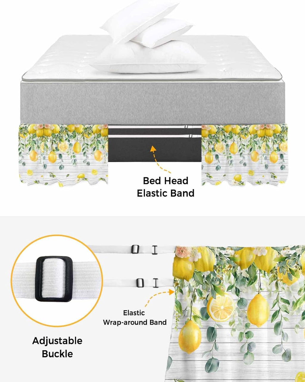 Yellow Lemon Bed Skirt Queen Size 16 Inch Drop, Adjustable Elastic Wrap Around Bed Skirts Easy Fitting Dust Ruffle Bedskirt Bed Frame Cover Green Eucalyptus Wood Grain Farmhouse