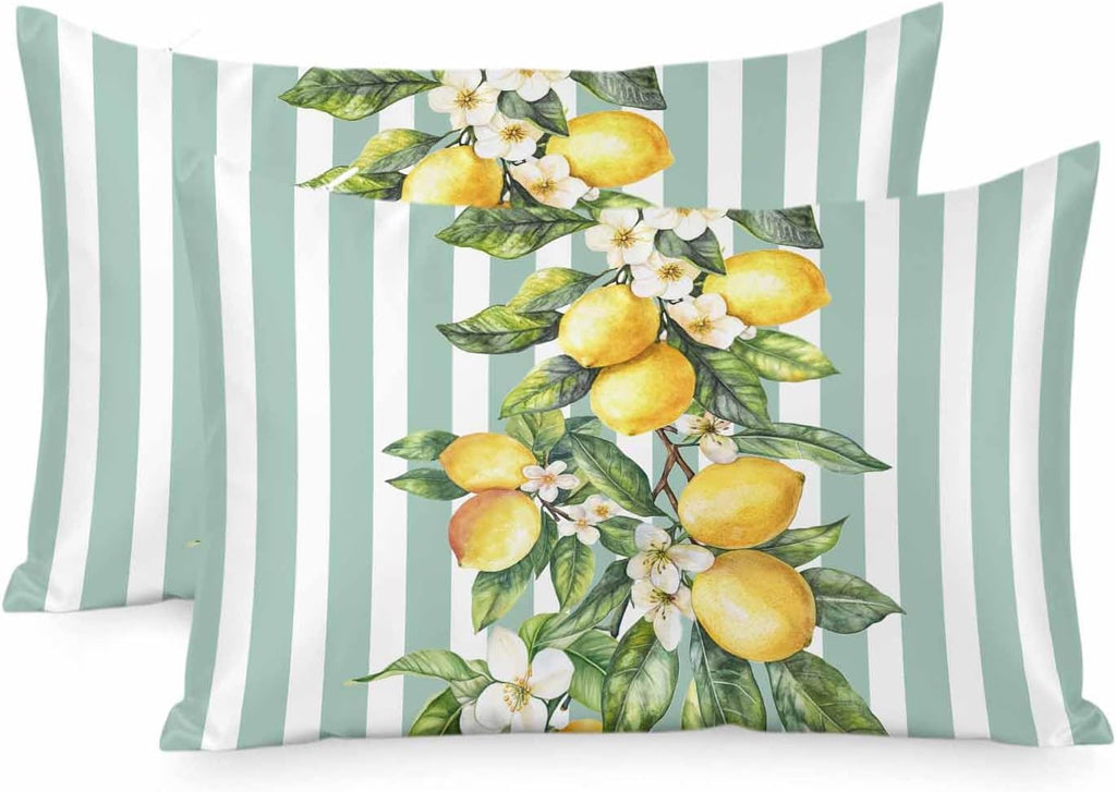 Yellow Lemon Floral Standard Pillowcase Set of 2, Sage Green Stripe Satin Pillow Case Cover with Smooth Hidden Zipper Closure, Soft Throw Pillow Covers Cases for Home Decoration 20 X 26 Inches