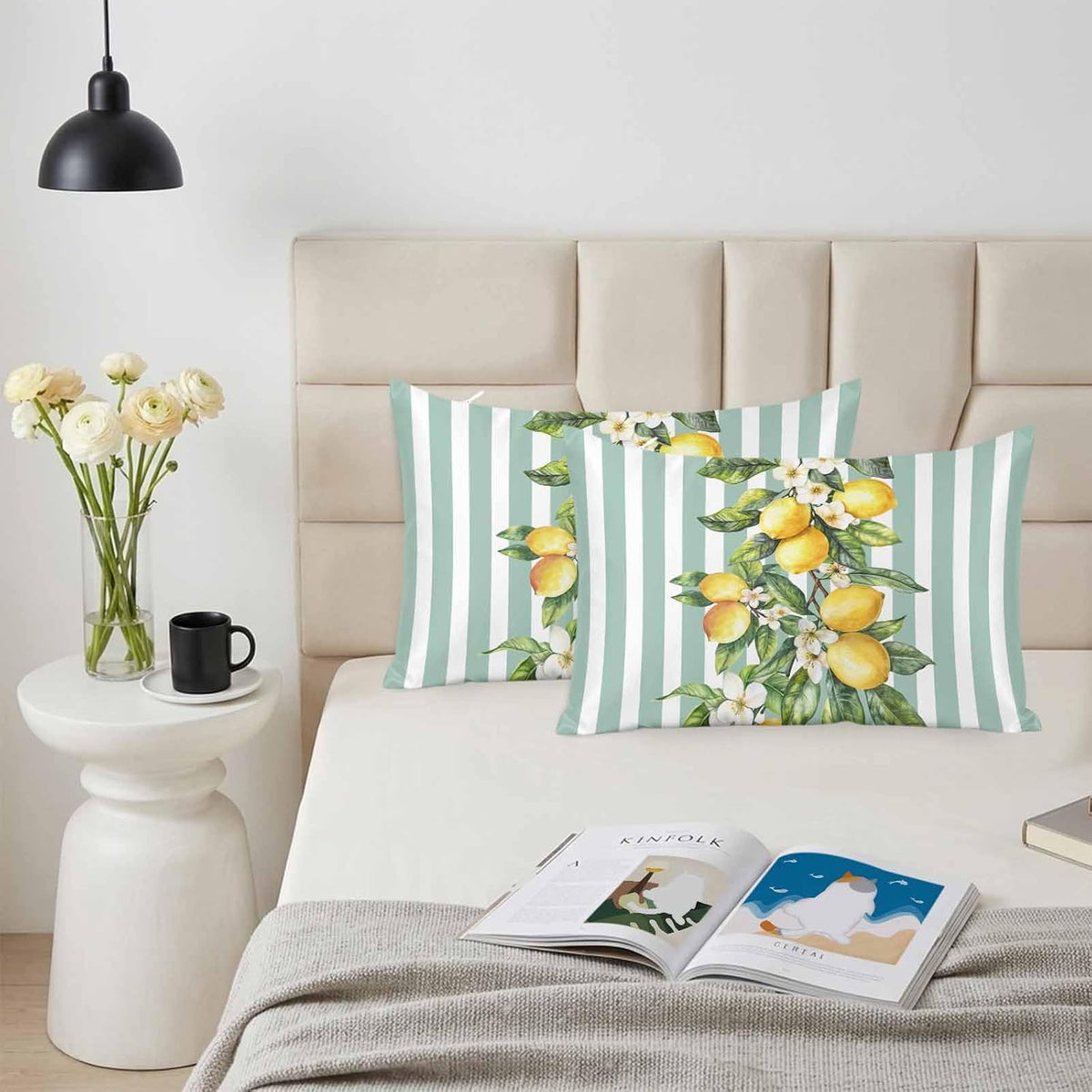 Yellow Lemon Floral Standard Pillowcase Set of 2, Sage Green Stripe Satin Pillow Case Cover with Smooth Hidden Zipper Closure, Soft Throw Pillow Covers Cases for Home Decoration 20 X 26 Inches