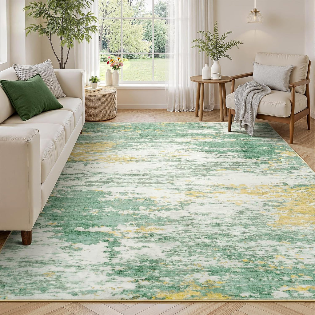 5x7 Area Rug for Living Room, Abstract Washable Non-Slip Rugs, Light Green