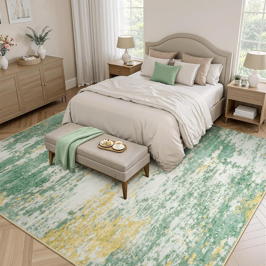 5x7 Area Rug for Living Room, Abstract Washable Non-Slip Rugs, Light Green